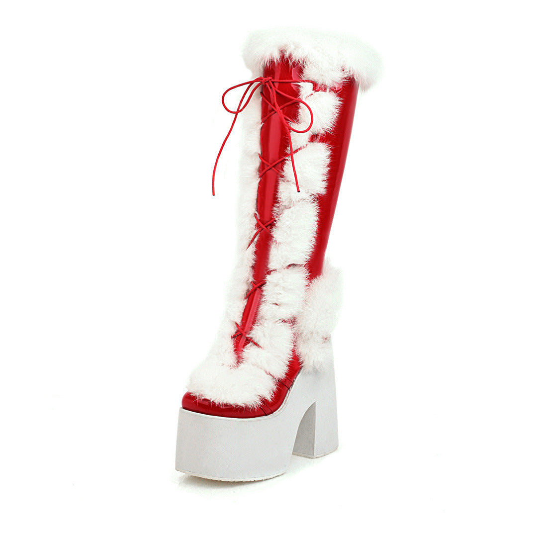 High Heel Platform Thick Sole Fur Snow Boots - Women