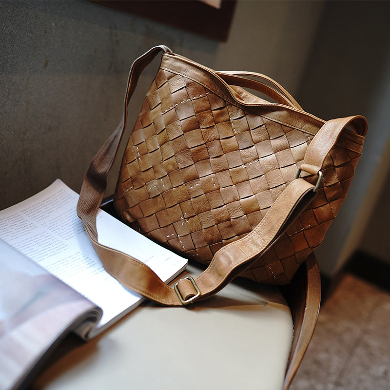 Large Earthy Yellow Cowhide Bucket Bag - Woven Detail