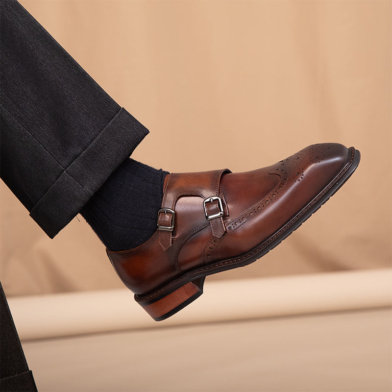 British Leisure Leather Shoes, Square Toe, Buckle