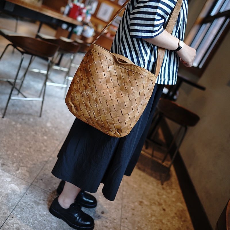 Large Earthy Yellow Cowhide Bucket Bag - Woven Detail