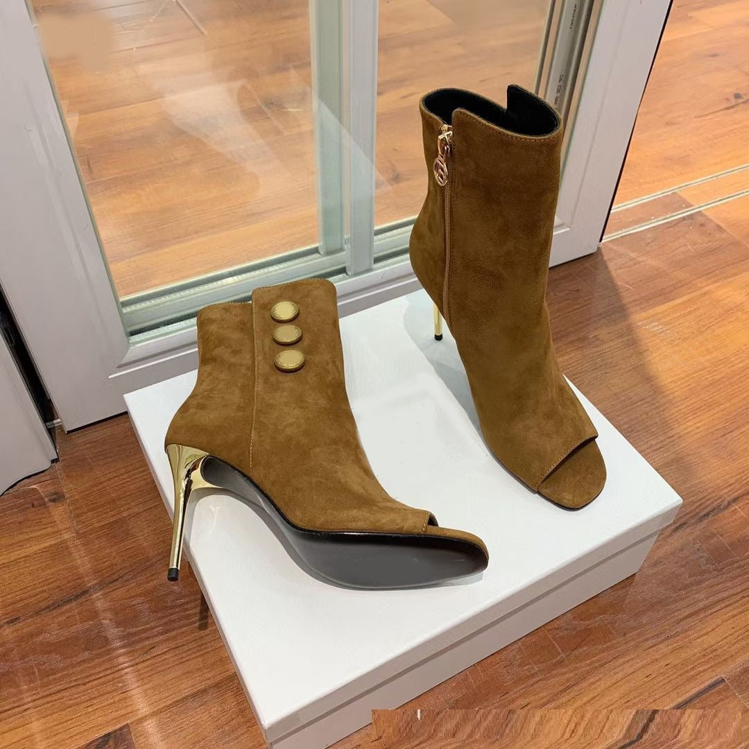 Fish Mouth Ankle Boots - Metal Buckle, 10.5cm Heel