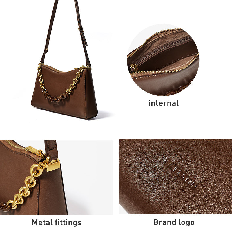 Women's French Baguette Leather Shoulder Bag - Beige Tones