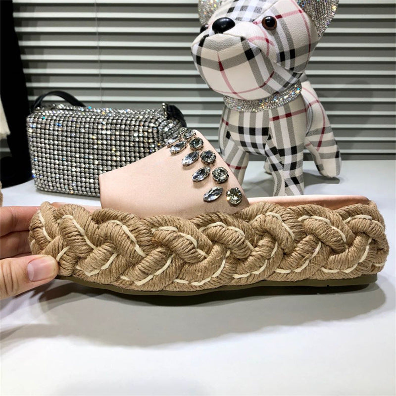 Women's Rhinestone Hemp Rope Straw Woven Thick Sole Slippers