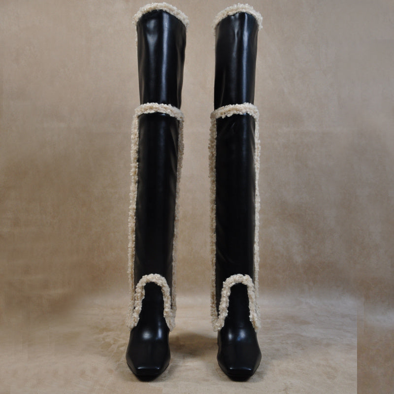 Lamb Hair Square Toe Leather Thick Heel High Boots
