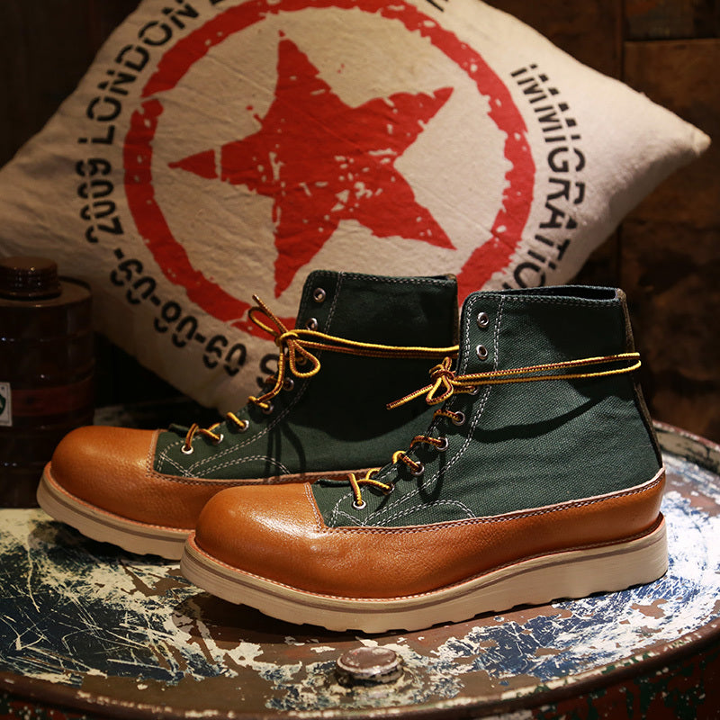 Vintage Handmade Leather Platform Canvas Short Boots