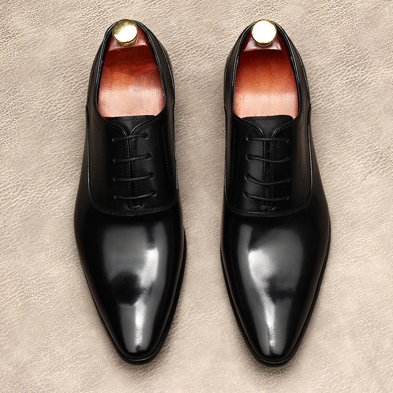 Men's Lace-up Pointed Formal Cowhide Leather Shoes