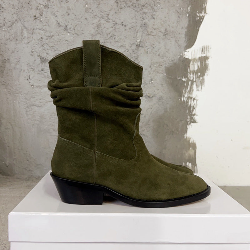 Round Toe Leather Split Toe Ankle Boots with Horseshoe Heel