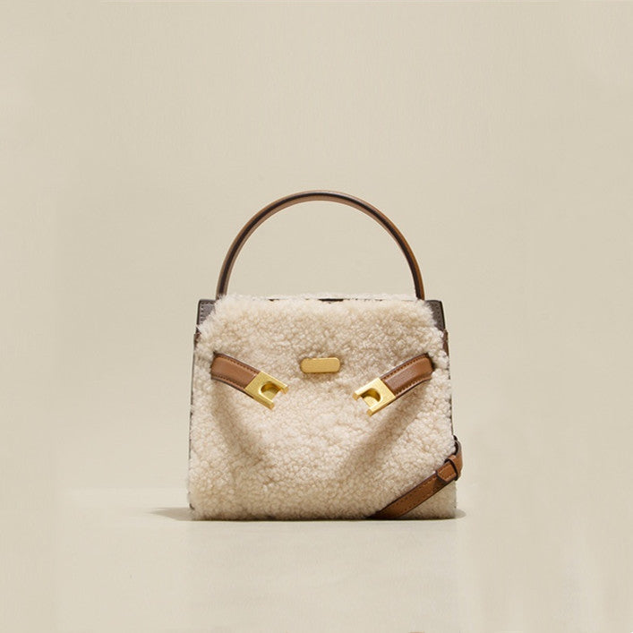 Large Lamb Wool Cowhide Leather Plush Bag, Autumn