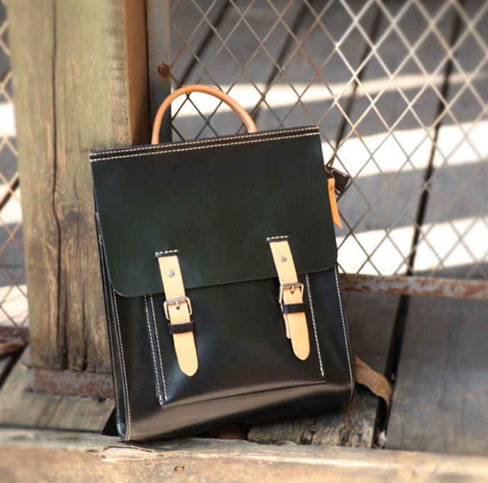 Durable First Layer Cowhide Leather School Bag - Square