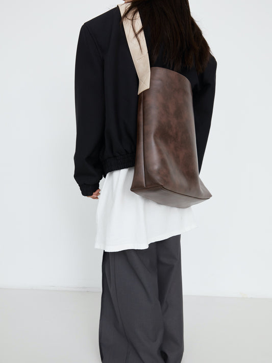 2-Color Wide Strap PU Leather Large Tote Bag