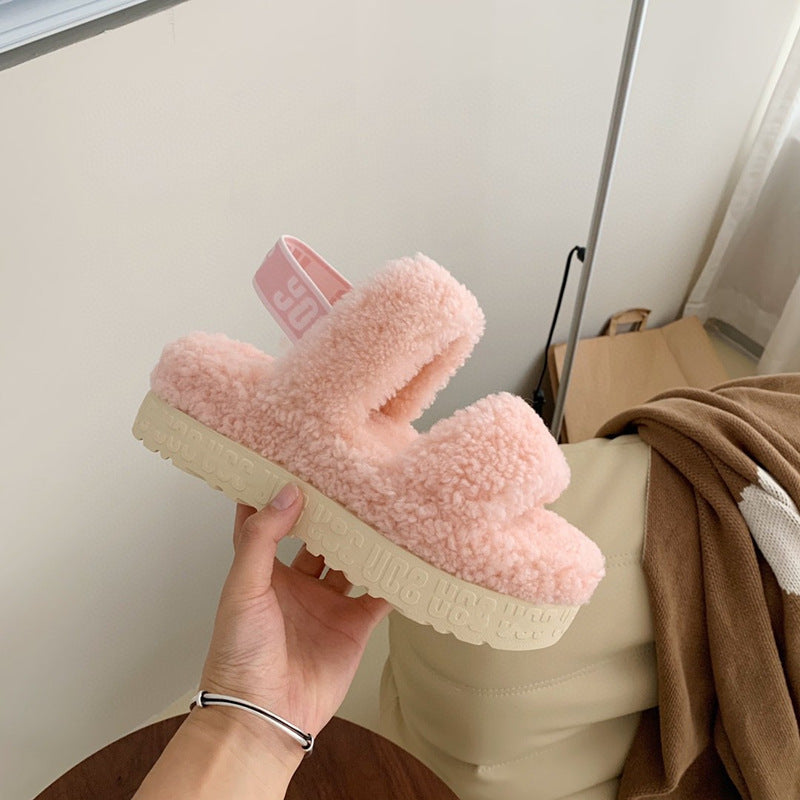 Autumn And Winter Furry Teddy Wool Sponge Cake Platform Slippers