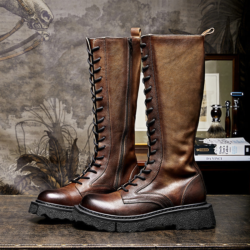 Men's Vintage Leather Martin Boots, Medium Heel, Brown