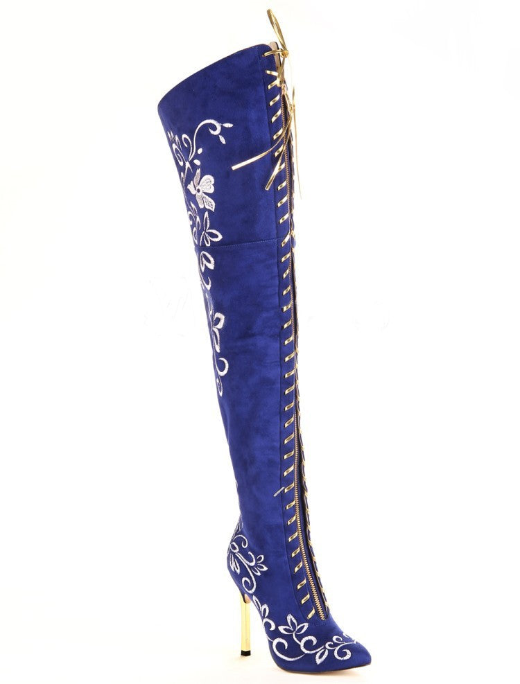 Elegant Embroidered Over-the-Knee Stiletto Boots