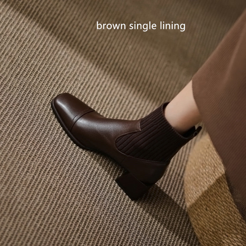 Leather Square Toe Mid-Heel Chunky Sole Boots