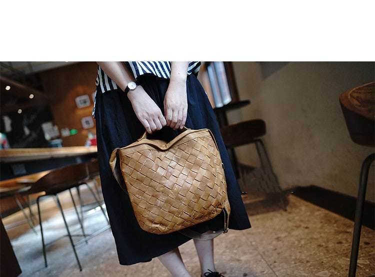 Large Earthy Yellow Cowhide Bucket Bag - Woven Detail