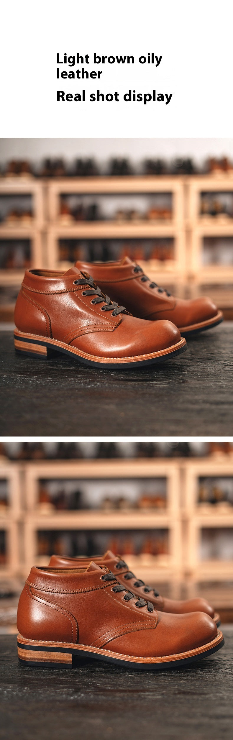 Men's Leather Low-Top Round Toe Tooling Casual Boots