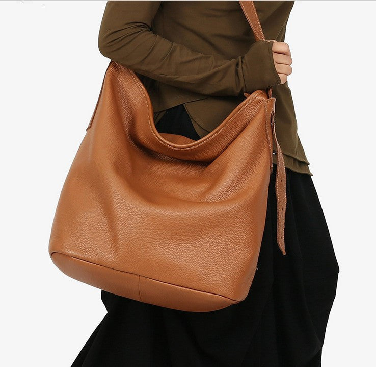 Large First Layer Cowhide Leather Bucket Bag - Black Khaki