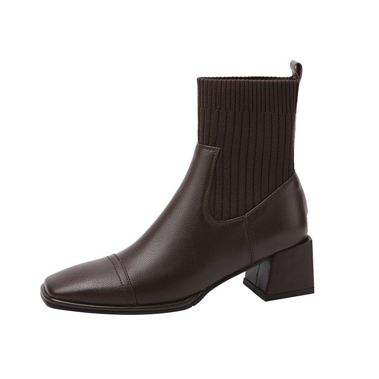 Leather Square Toe Mid-Heel Chunky Sole Boots