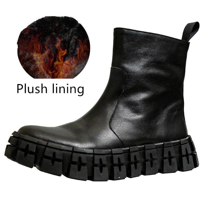 Men's Thick Sole Mid-Top Cowhide Motorcycle Boots