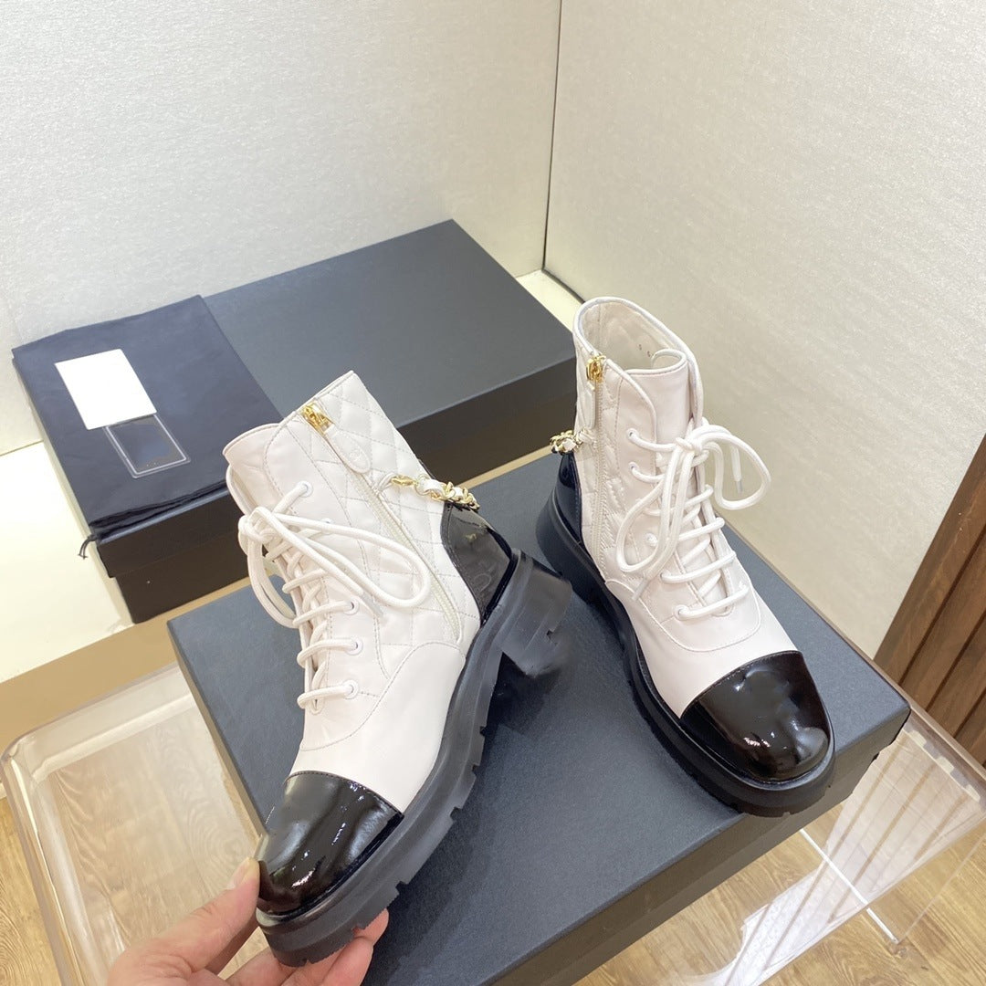 French Sheepskin Short Boots with Chunky Heel & Chain