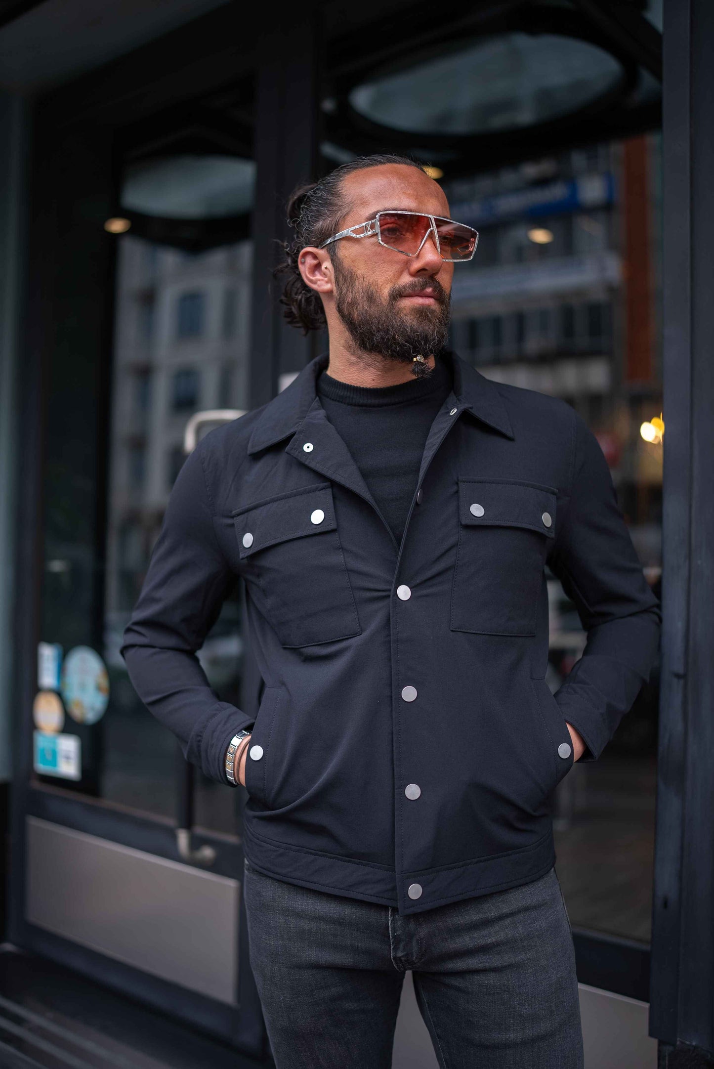 Black Cotton Blend Collar Jacket