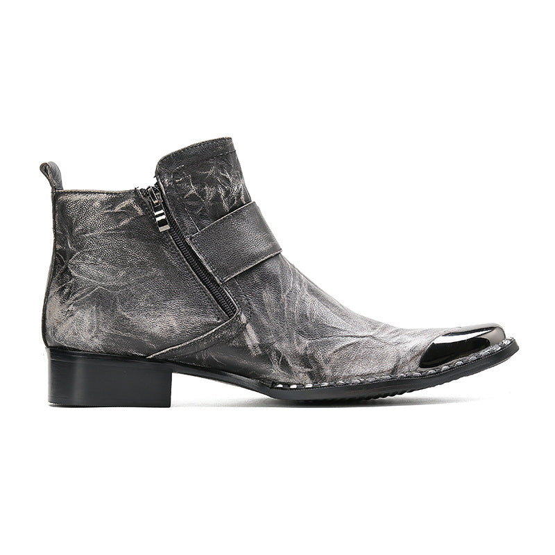 Gray Chunky Heel Cowhide Lace-Up Motorcycle Boots