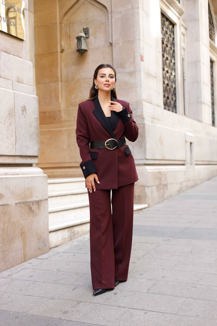 SuitLegacy Belted Burgundy Women Suit