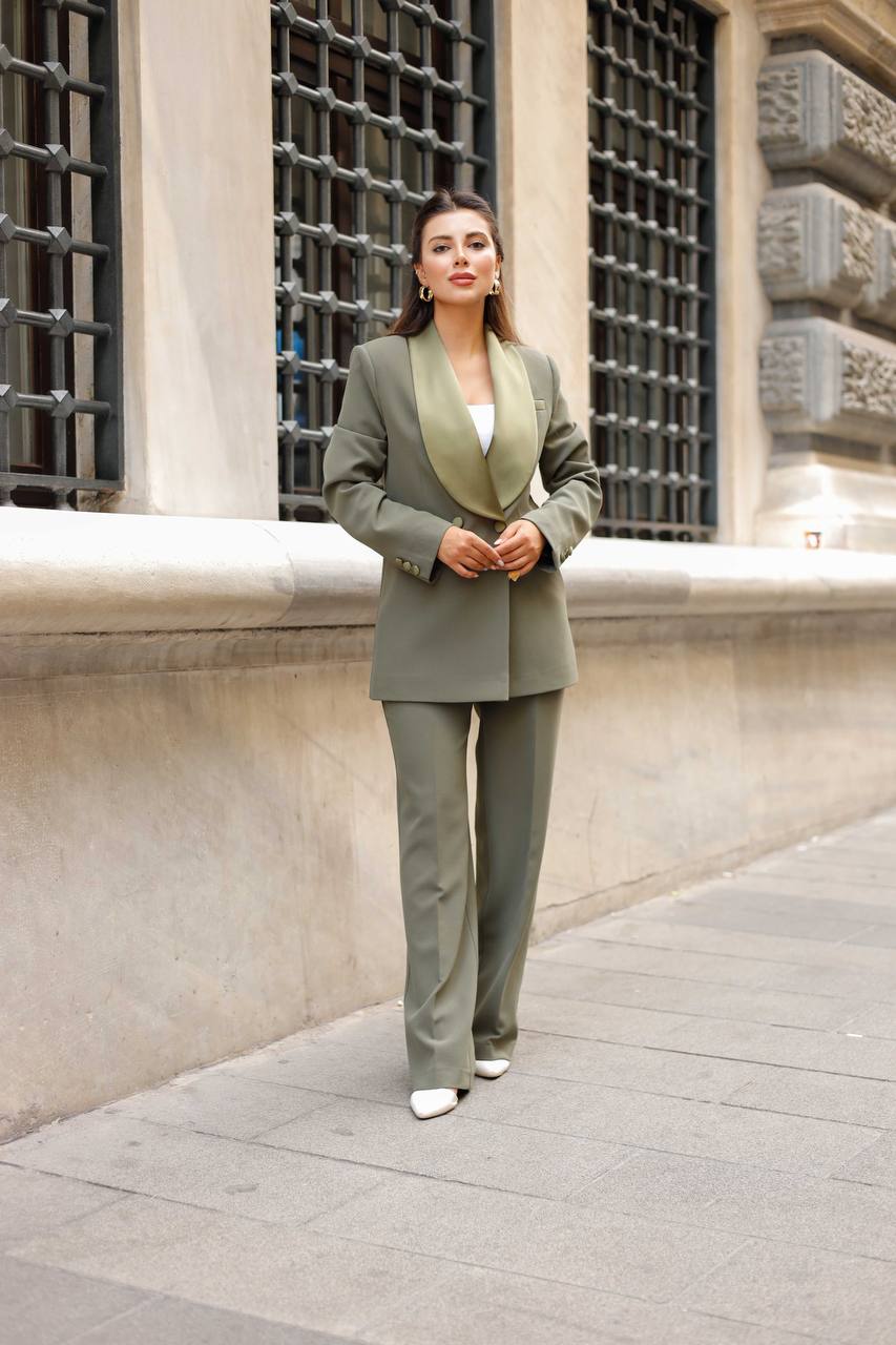 SuitLegacy Satin Lapel Olive Green Women Suit
