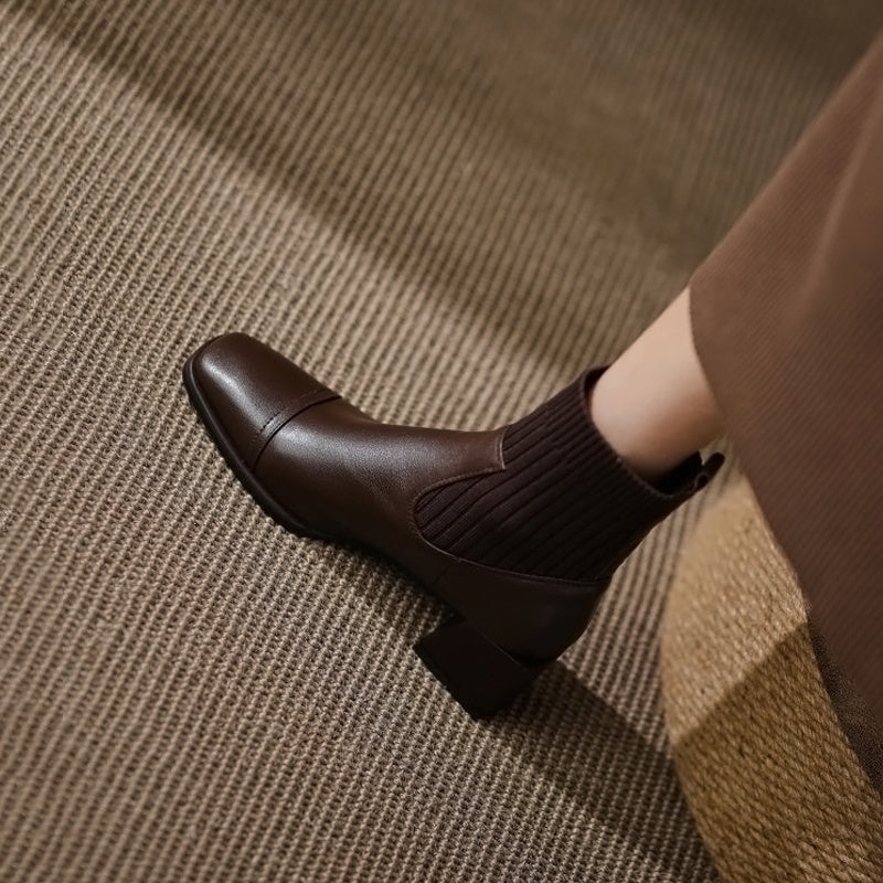 Leather Square Toe Mid-Heel Chunky Sole Boots