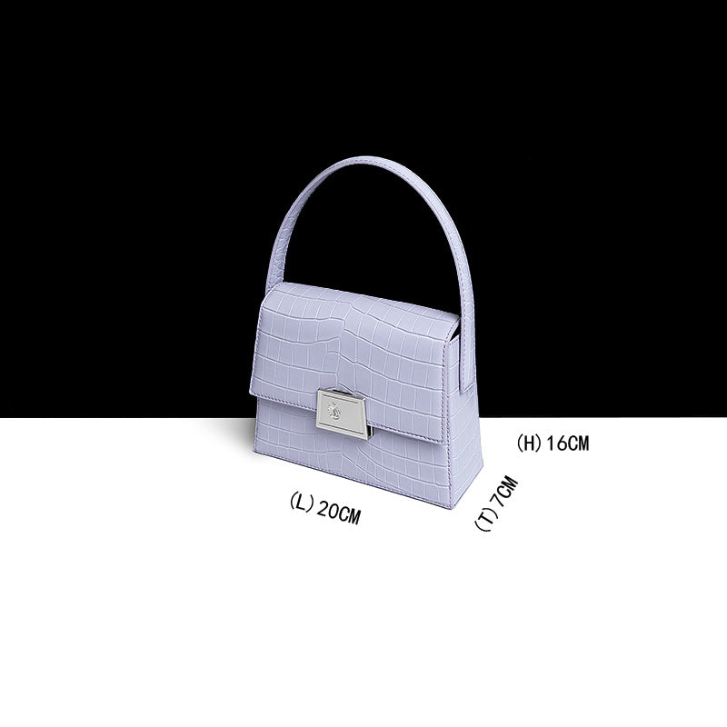 French Crocodile-Print Cowhide Handbag - Lock Closure