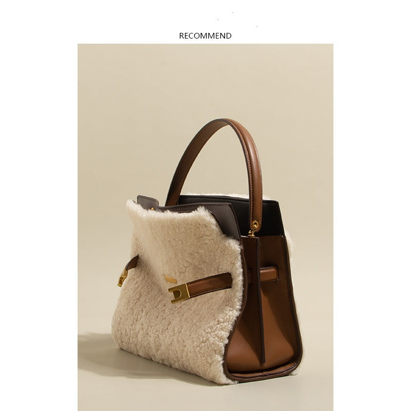 Large Lamb Wool Cowhide Leather Plush Bag, Autumn