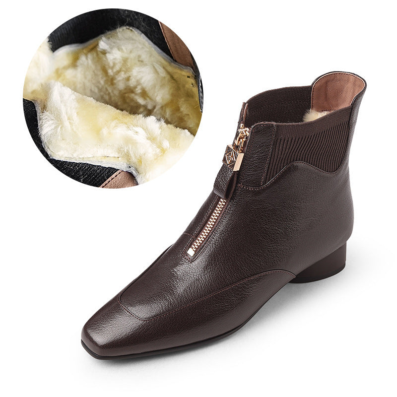 Sheepskin Fur Snow Boots with Front Zipper, Black/Brown