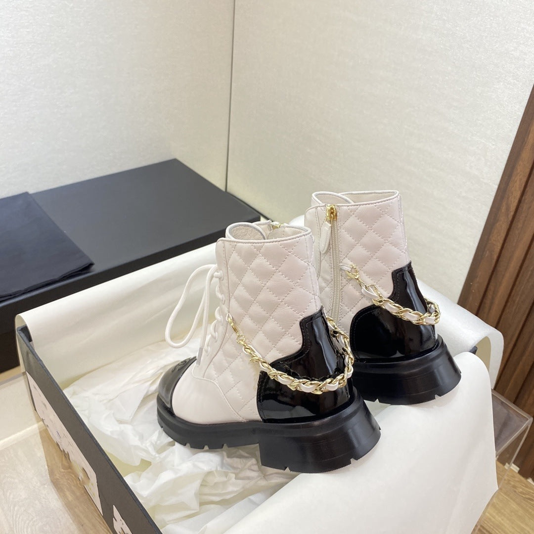 French Sheepskin Short Boots with Chunky Heel & Chain