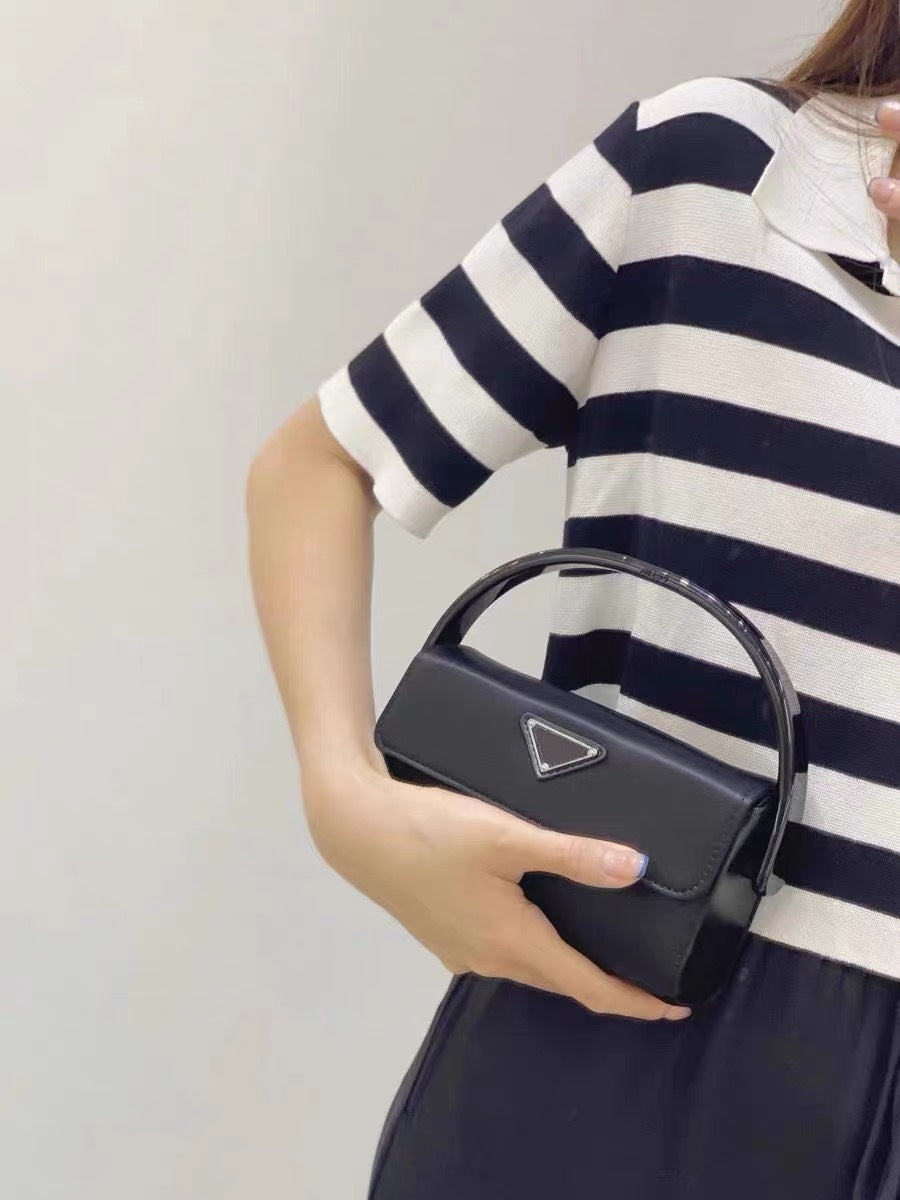 Versatile Dark Black PU Nylon Square Handbag