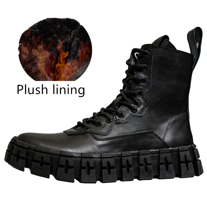 Men's Thick Sole Mid-Top Cowhide Motorcycle Boots