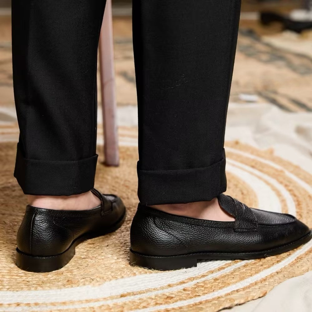 British Vintage Litchi Grain Cowhide Men’s Loafers Black