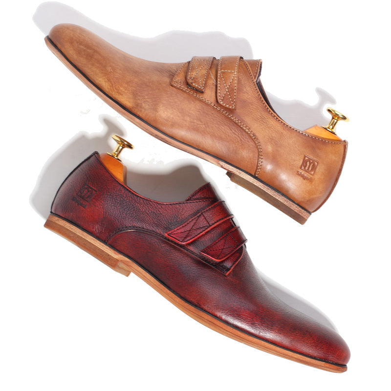 Handmade Vintage Men's Leather Shoes, Wine Red/Yellow