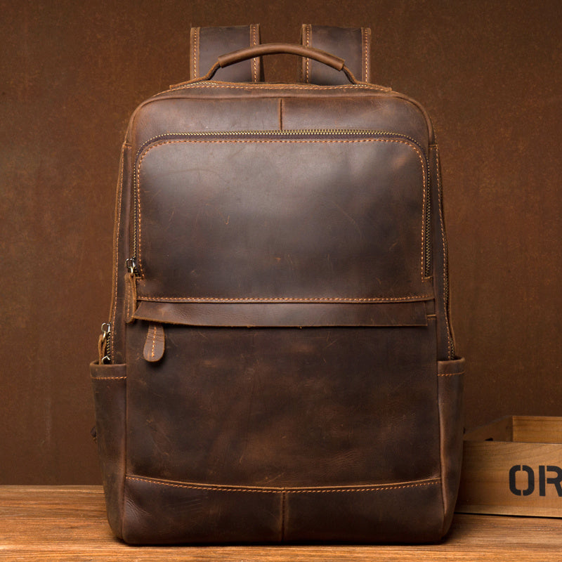 Retro Cowhide Leather Business Backpack, Zipper Closure