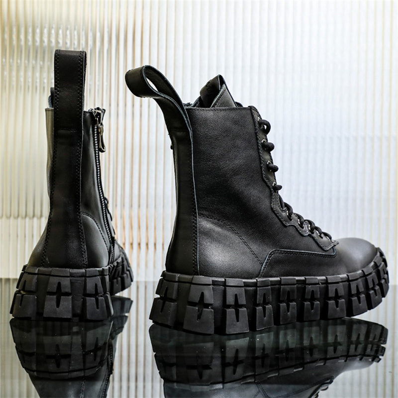 Men's Thick Sole Mid-Top Cowhide Motorcycle Boots