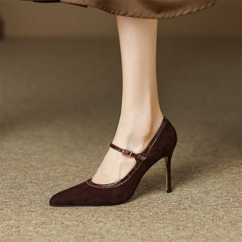 Leather Stiletto Buckle Shoes - Pointed Toe, High Heel