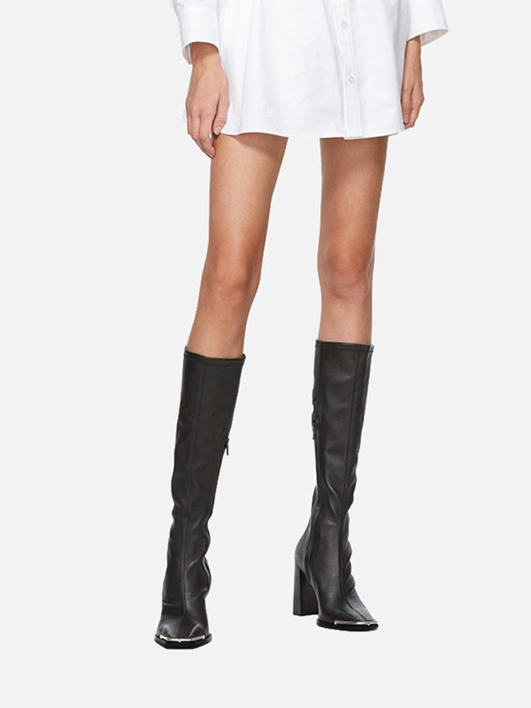 Chunky Heel Leather Slim Over-the-Knee Boots