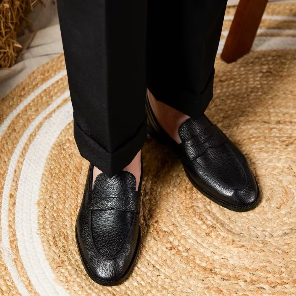 British Vintage Litchi Grain Cowhide Men’s Loafers Black