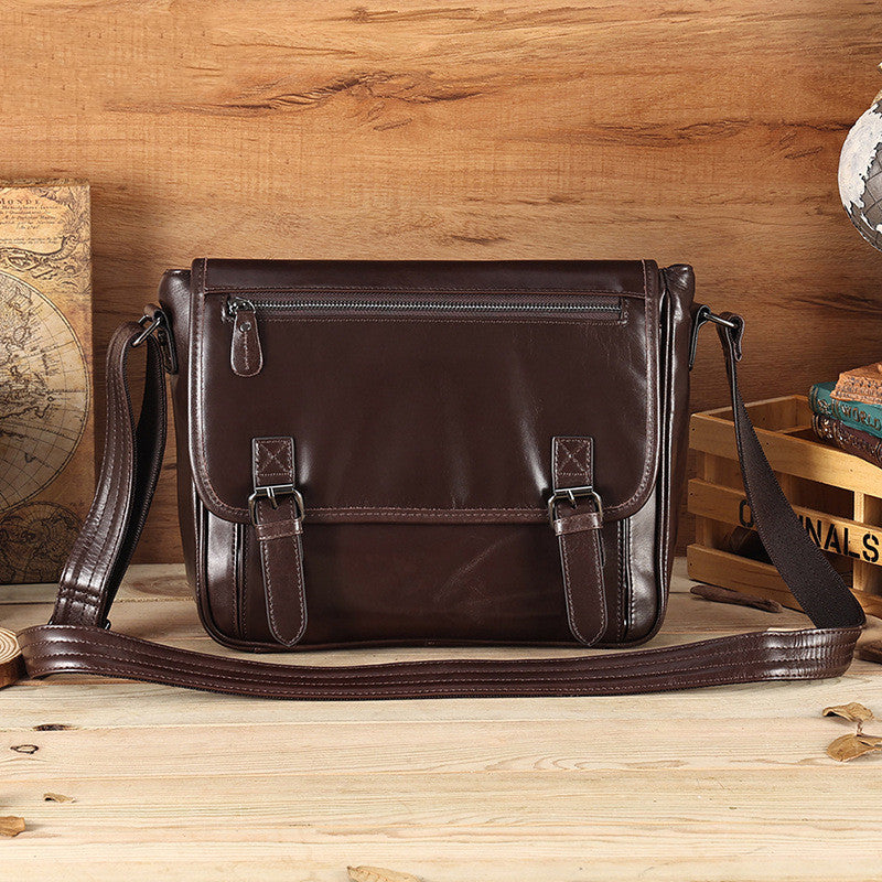 Men's Coffee Head Layer Cowhide Crossbody Shoulder Bag