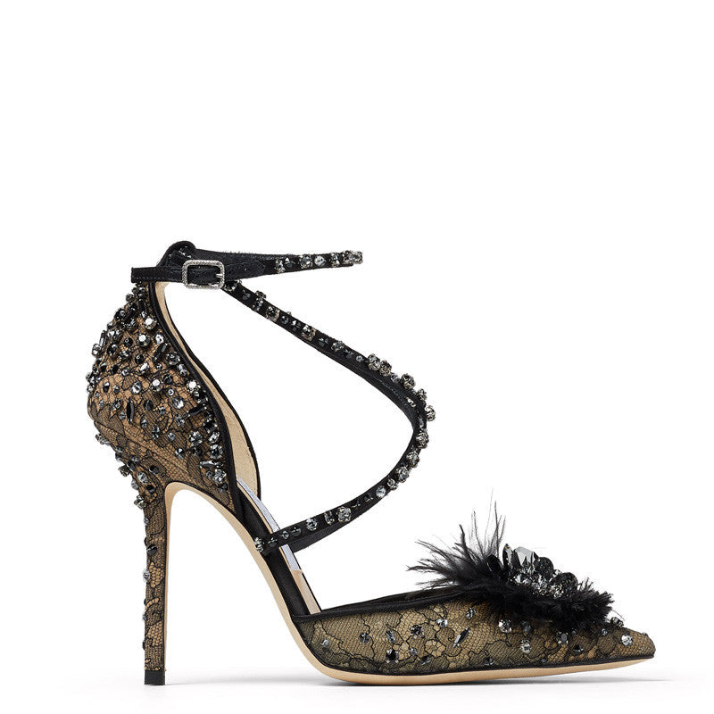Nude Lace Rhinestone Floral Pumps - Pointed Toe Heel