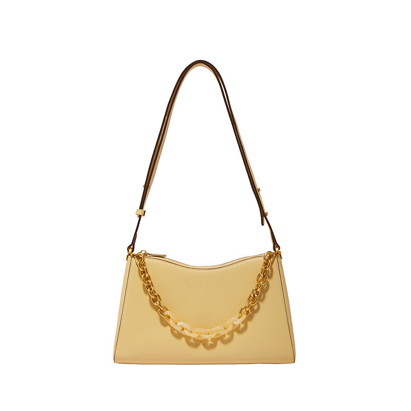 Women's French Baguette Leather Shoulder Bag - Beige Tones