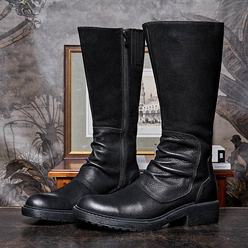Men's Black Platform High Top Zip Boots, Cowhide Leather