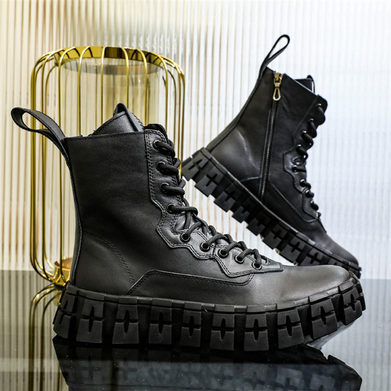 Men's Thick Sole Mid-Top Cowhide Motorcycle Boots