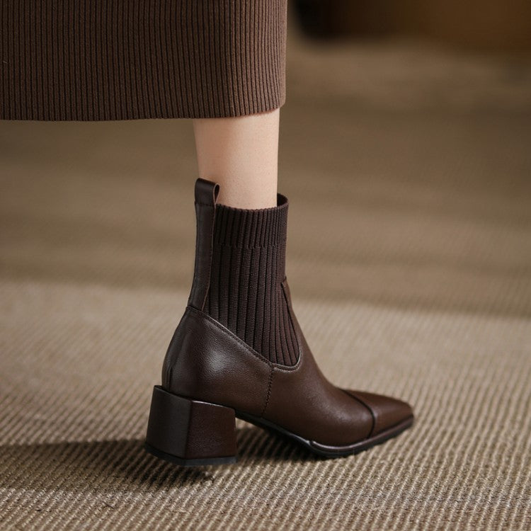 Leather Square Toe Mid-Heel Chunky Sole Boots