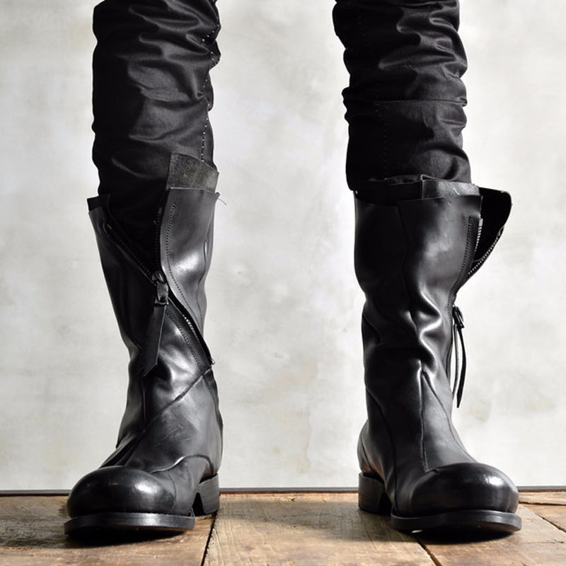 Men's Japanese Retro Deconstructed Leather Boots, Black