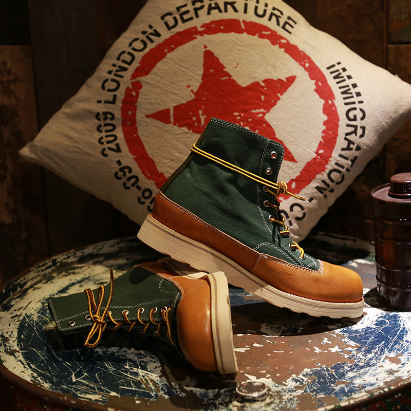 Vintage Handmade Leather Platform Canvas Short Boots